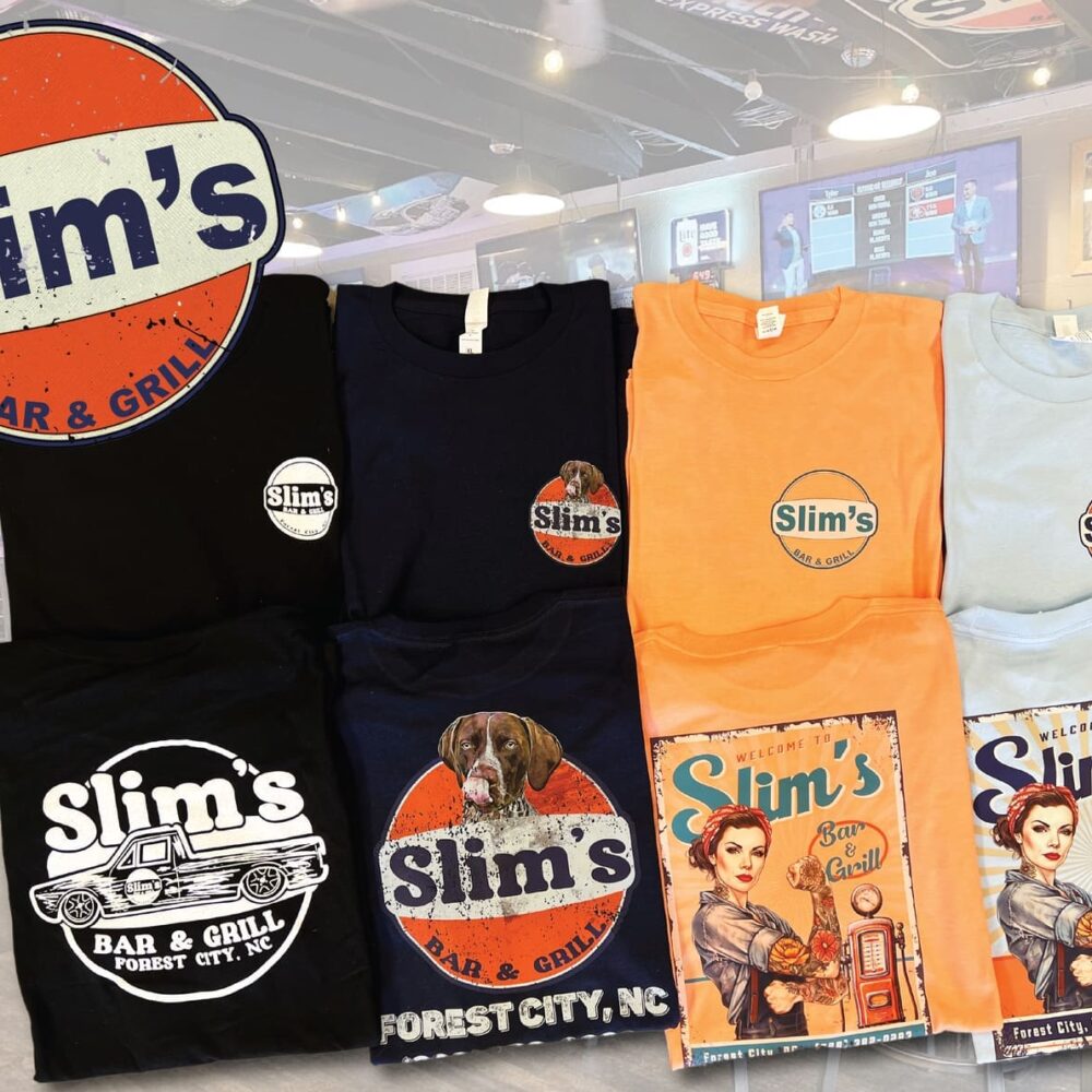Slim's Bar & Grill Direct-to-film custom branded T-shirts for Slim’s Bar & Grill in Forest City, NC.
